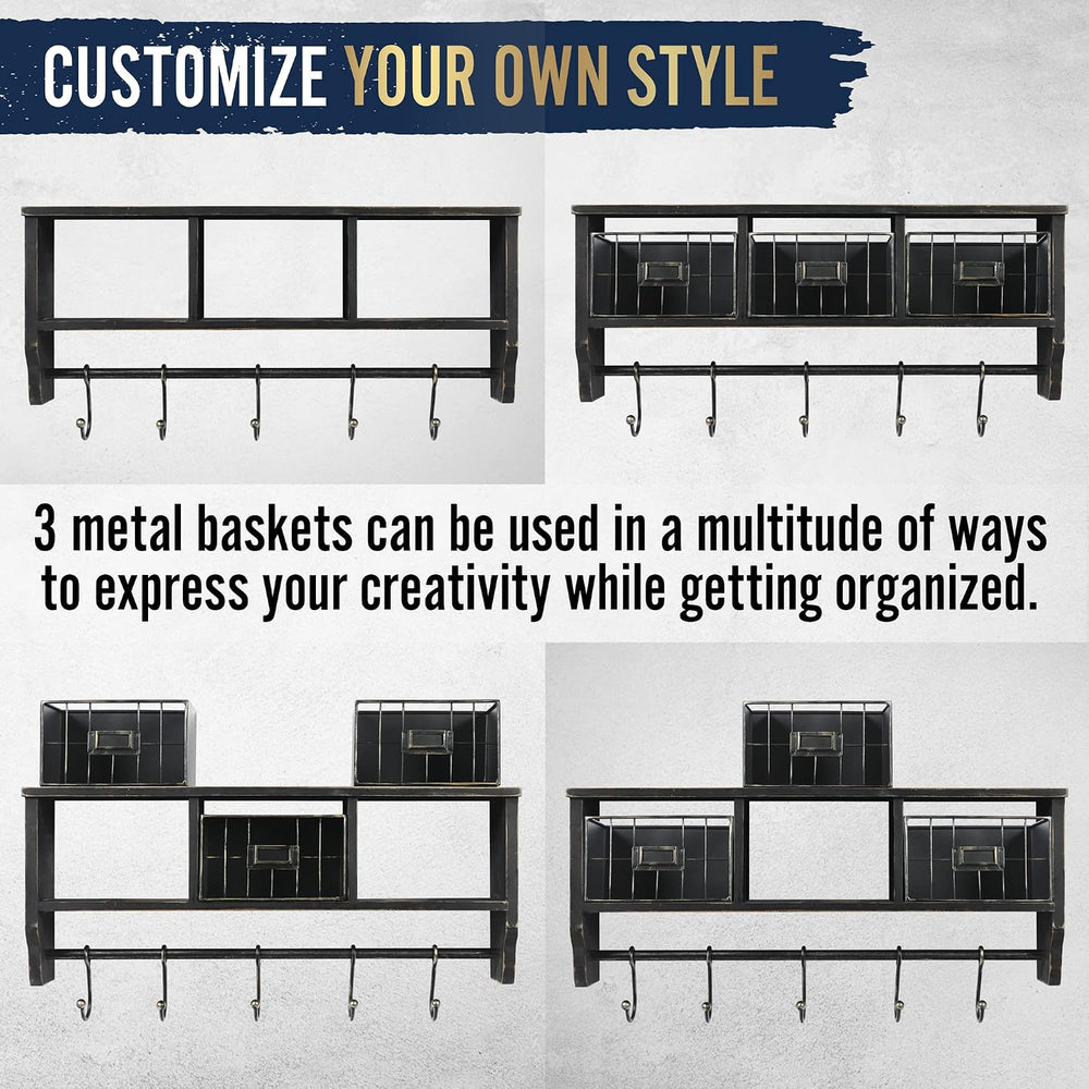 HBCY Creations Wall Mounted Shelf with Coat Hooks and Baskets, Solid Wood Ent...