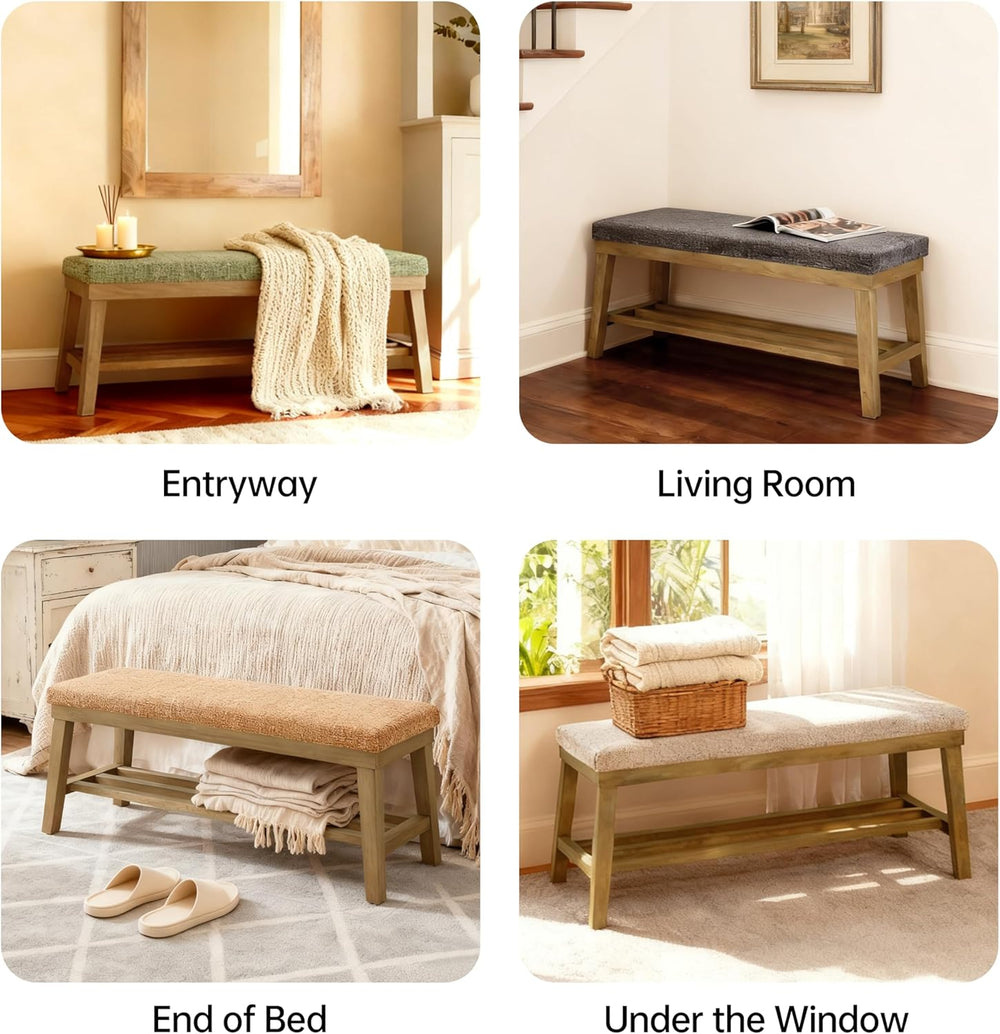 VKNOW Entryway Bench, Storage Shoe Bench with Rubberwood Legs, Green