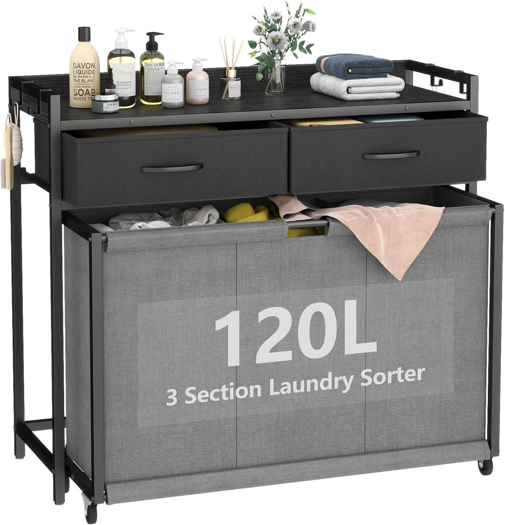 STIKELY Laundry Hamper Laundry Basket with 3 Section Pull-Out Rolling Bags, L...
