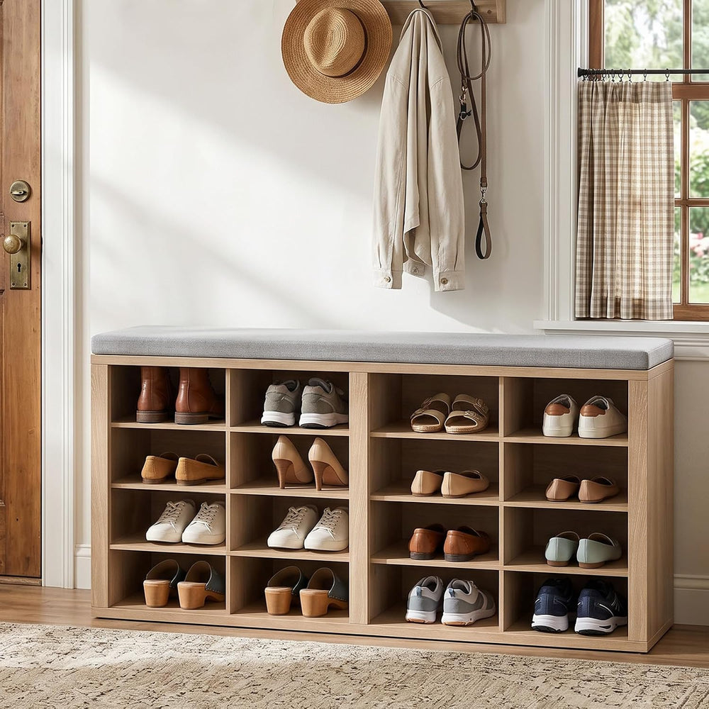 Shoe Rack Bench, Shoe Storage Bench with Cushion, Shoe Organizer 16 Cubbies f...