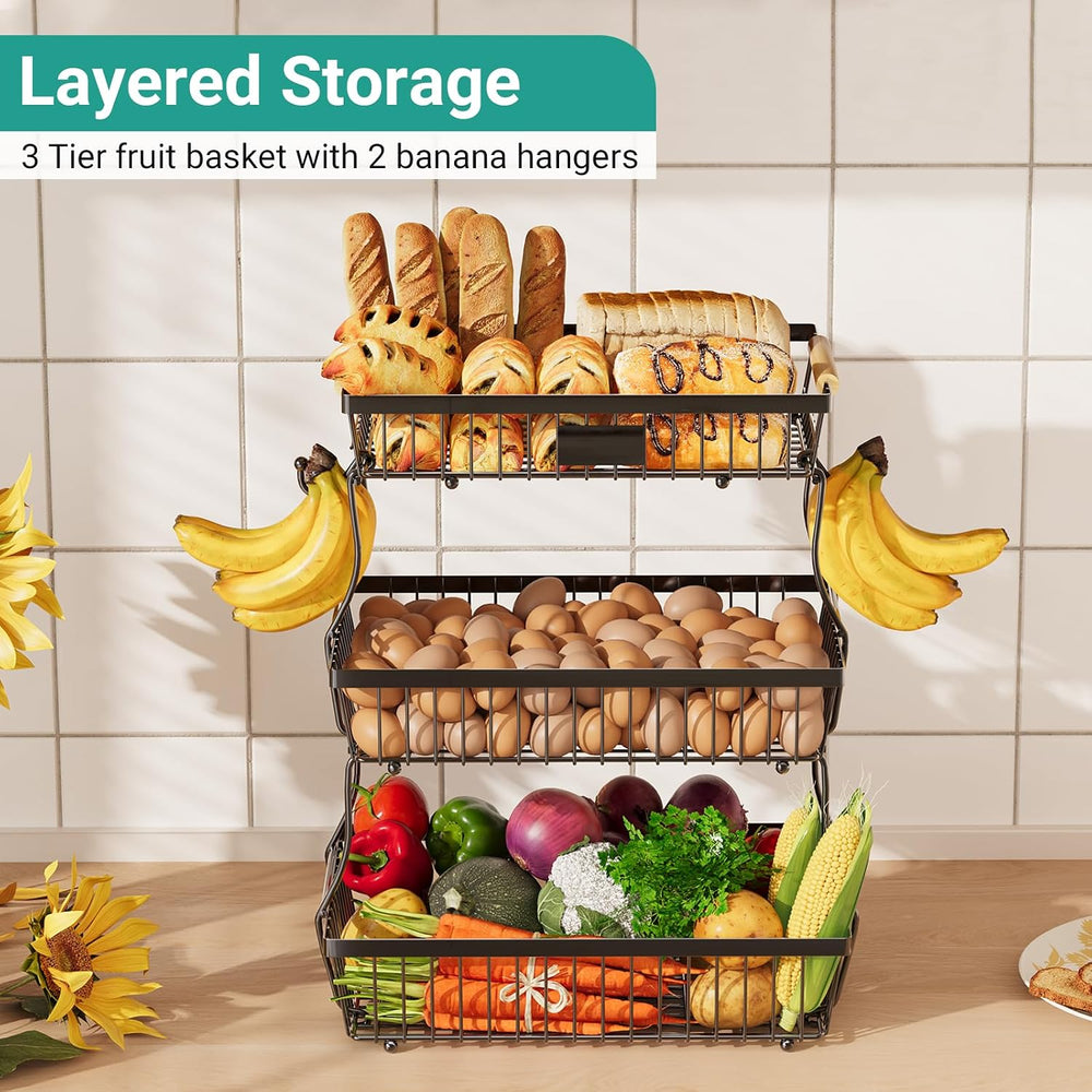 3 Tier Fruit Basket for Kitchen Counter with 2 Banana Hangers, Countertop Met...