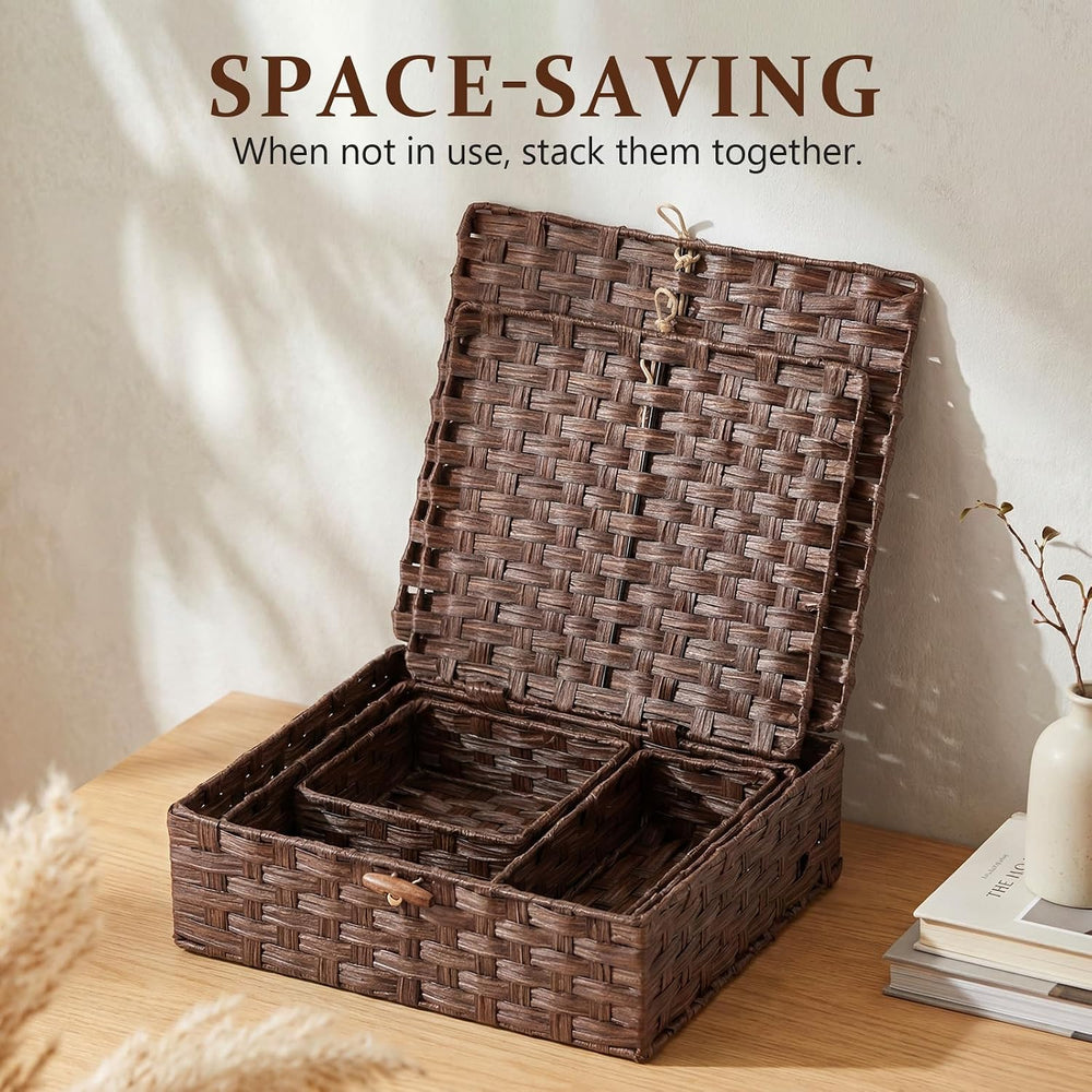 Newtay Set of 4 Woven Wicker Storage Baskets with Lids, Decorative Storage Bo...