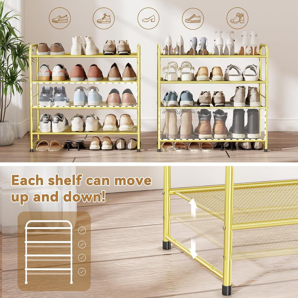 Modern Shoe Rack, 4 Tier Heavy Duty Metal Mesh Shoe Shelf 27 Inch Wide, Gold