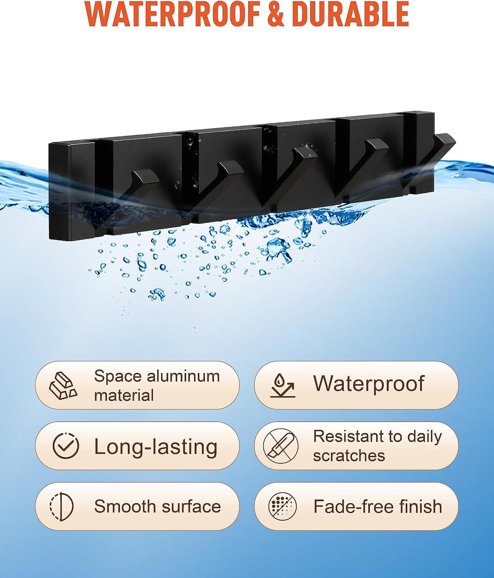 Waterproof Black Wall Hooks - 2 Pack Modern Foldable Towel Hooks for Bathroom...