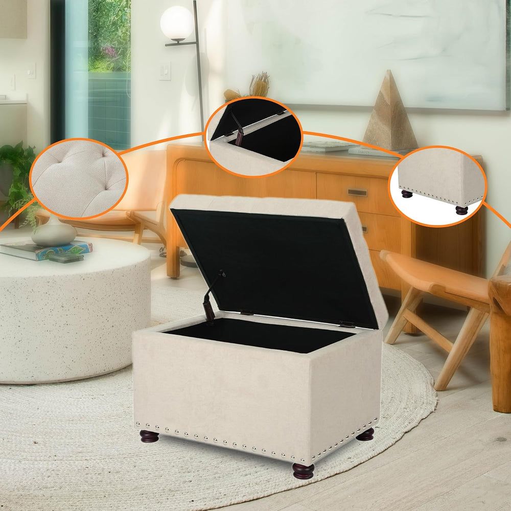 Beige Ottoman with Storage,24" Fabric Ottoman for Living Room
