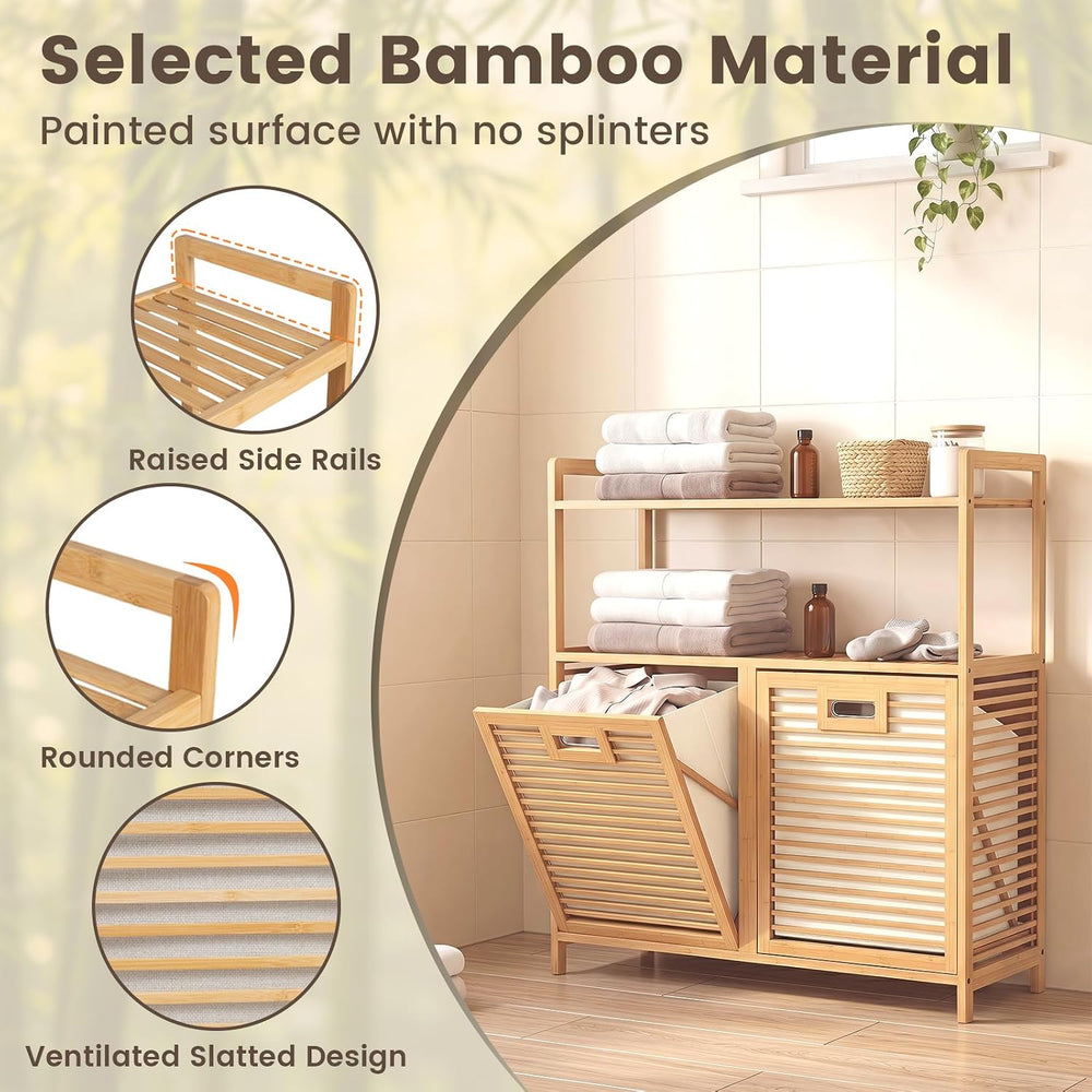 GOFLAME Bamboo Double Tilt Out Laundry Hamper Cabinet with Shelves