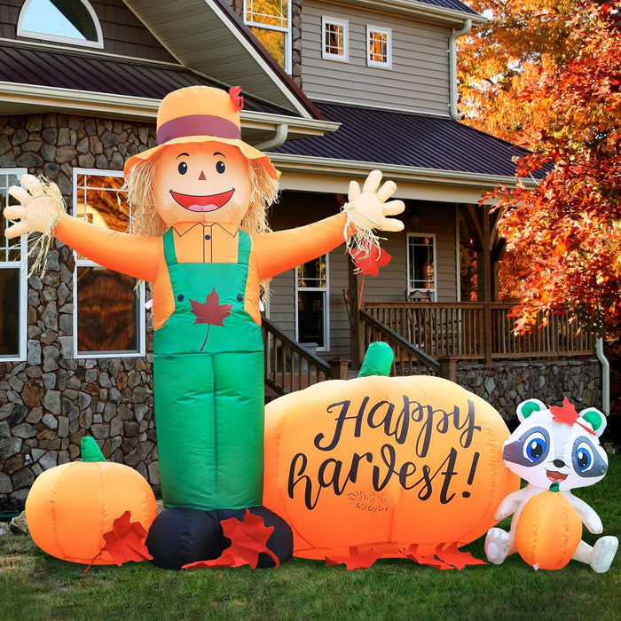 DomKom 6ft Tall LED Lighted Inflatable Scarecrow and Pumpkin – Halloween Thanksgiving Fall Yard Decoration with Built-in Lights – Outdoor Blow Up Decor for Lawn, Garden, Party