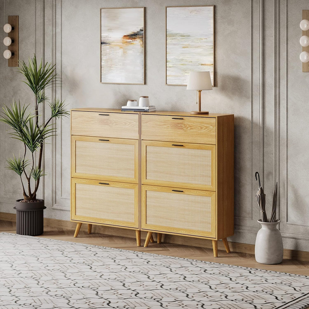 MU Natural Rattan Shoe Cabinet, Entryway Shoe Cabinet with 2 Flip Drawers and...