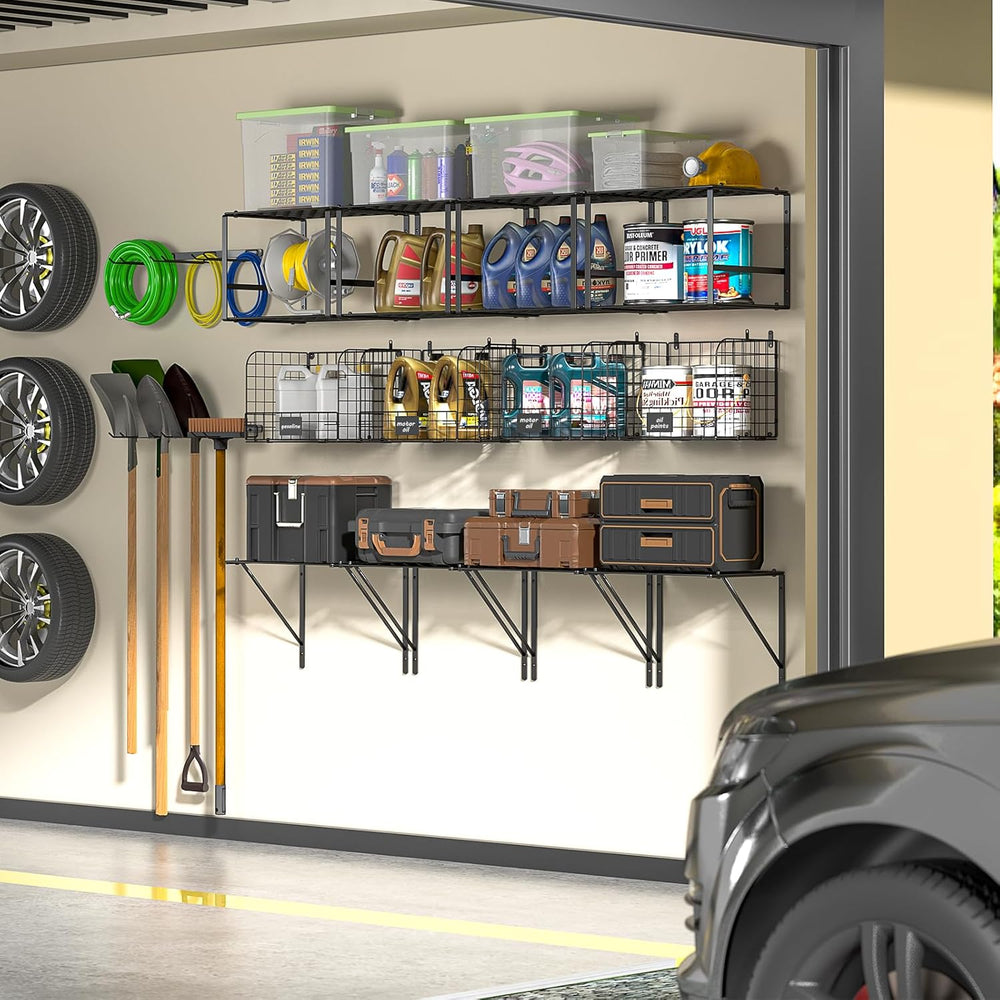 ThreeHio Garage Shelf Wall Mounted with Wire Baskets, Heavy Duty Garage Wall ...