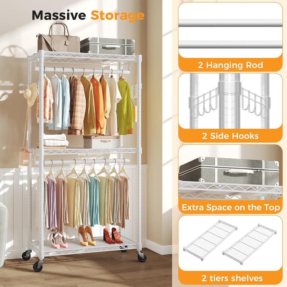 OLIXIS Rolling Clothes Rack, Heavy Duty Garment Rack, 35 IN, Metal White