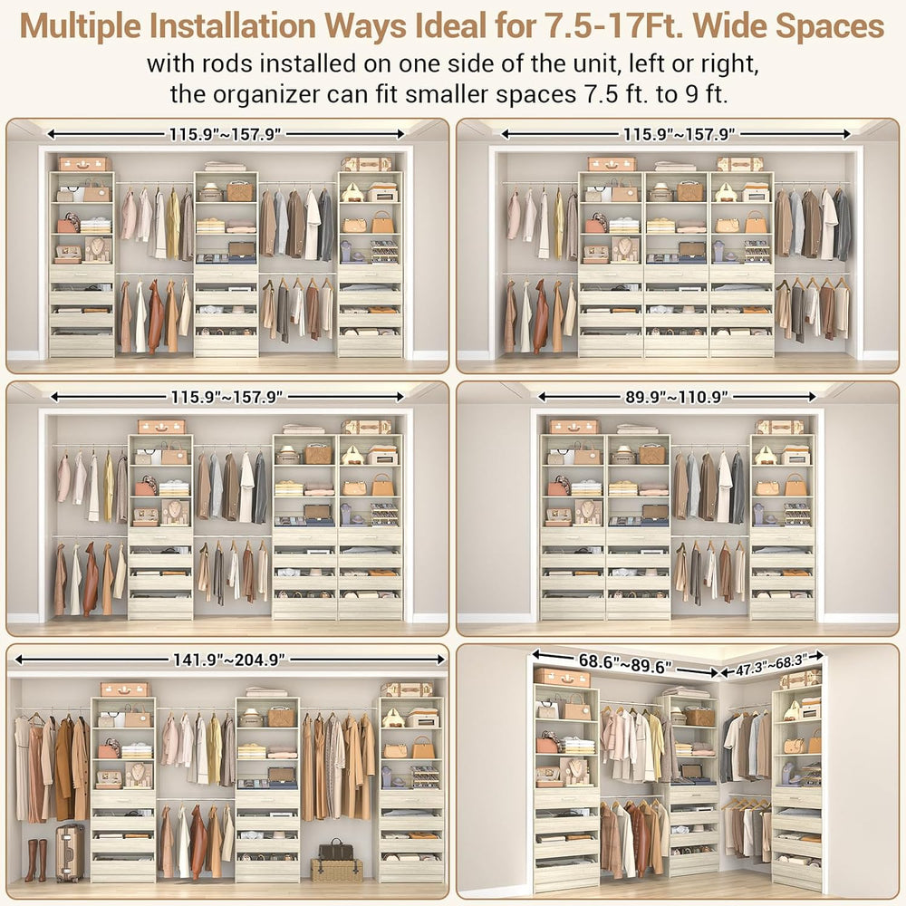 Aheaplus Closet System with 12 Drawers, 8.5-11.5Ft Wood Closet Organizer