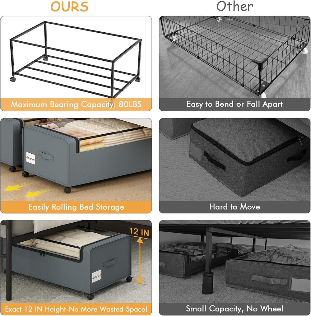 Webetop 2-Pack Under Bed Storage Bins with Wheels, 12 Inch, Clear Lid, Grey