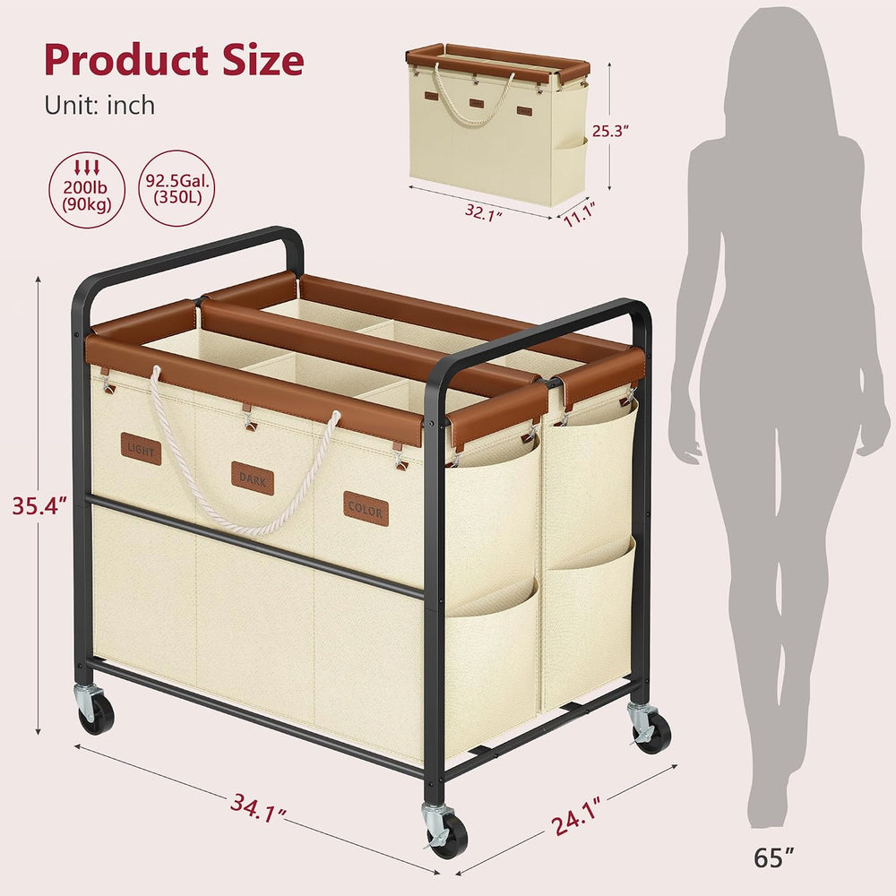 Tajsoon 350L Extra Large Laundry Cart, Laundry Hamper 6 Section, Beige