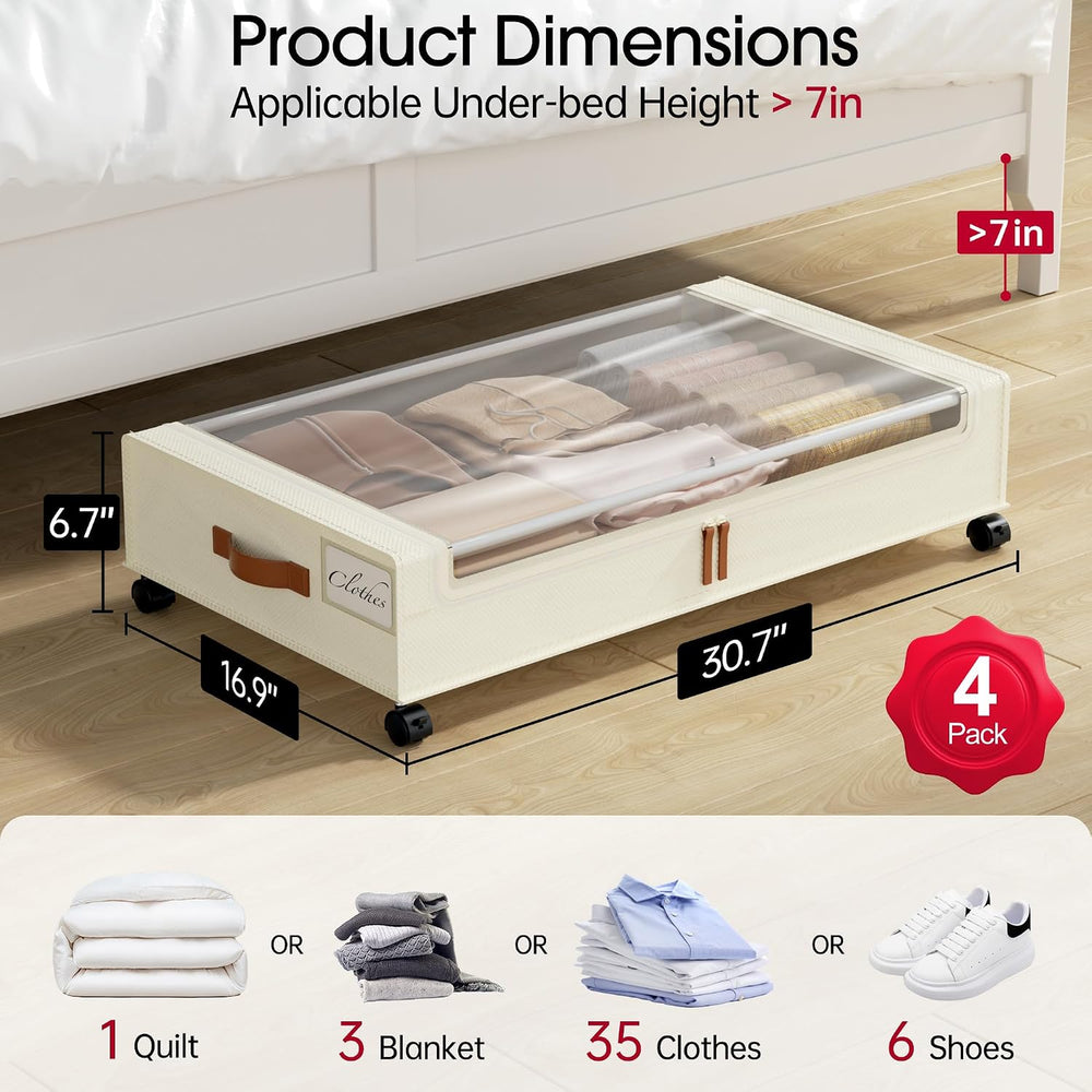 Yecaye 4 Pack Under Bed Storage with Wheels, Under Bed Storage Containers wit...