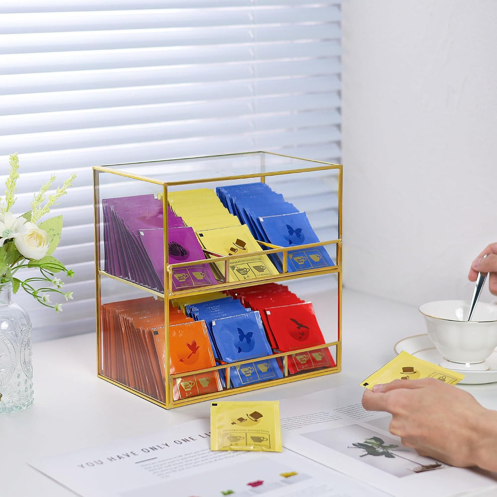 REDHUGO Glass Tea Bag Organizer for Counter, 2-Tier Teabag Organizer Storage ...