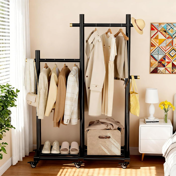 Wooden Clothing Rack, Double Pole Clothes Rack with 4 Hooks & 6 Wheels