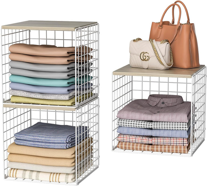 Hencawima 3PCS Stackable Closet Organizers and Storage, Closet Shelves with Wood Top Extra Storage, Clothes Storage Organizer Basket Bin/Cube for Home Wardrobe Organization(White-Sturdy Metal)