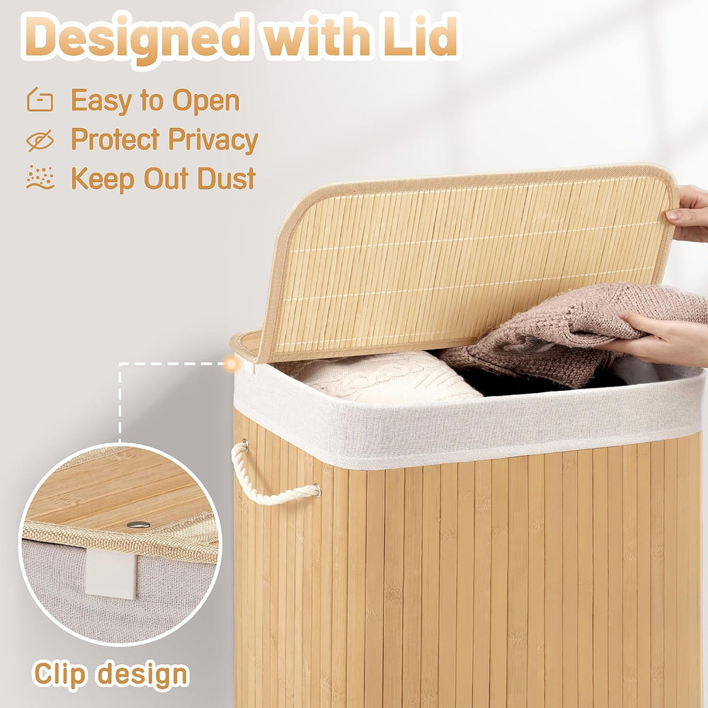 Aliphon 72L Slim Laundry Hamper with Lid, Foldable Bamboo Clothes Laundry Bas...