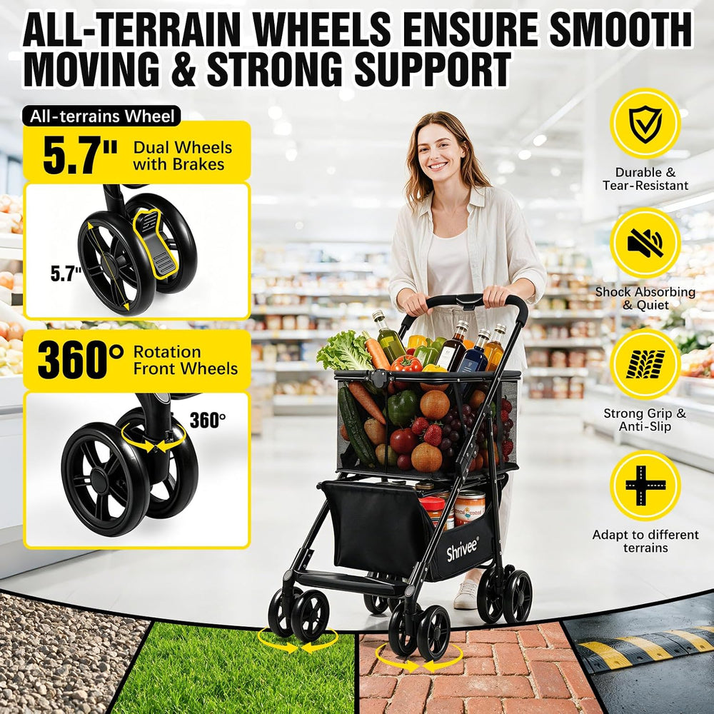2 Tier Folding Shopping Cart with Removable Mesh Basket, Black