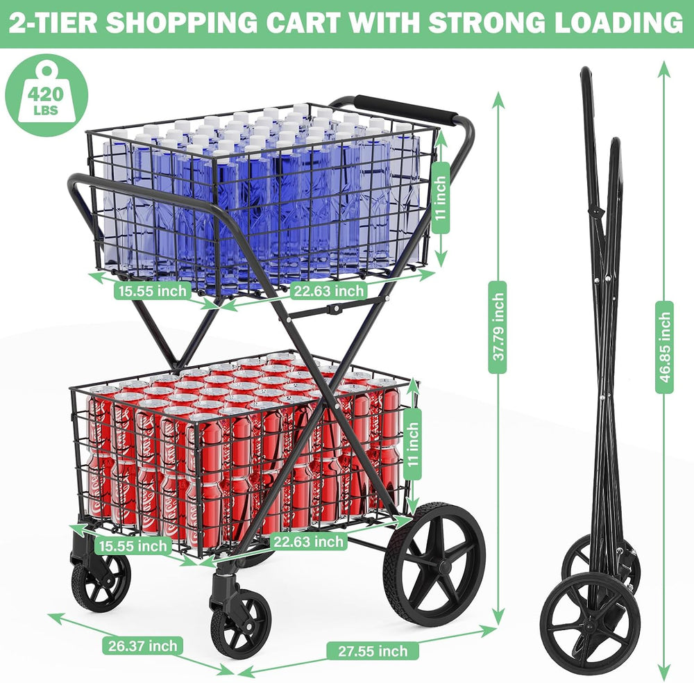 𝐍𝐄𝐖 2-Tier Large Collapsible Grocery Cart On Wheels 400lbs Shopping Cart