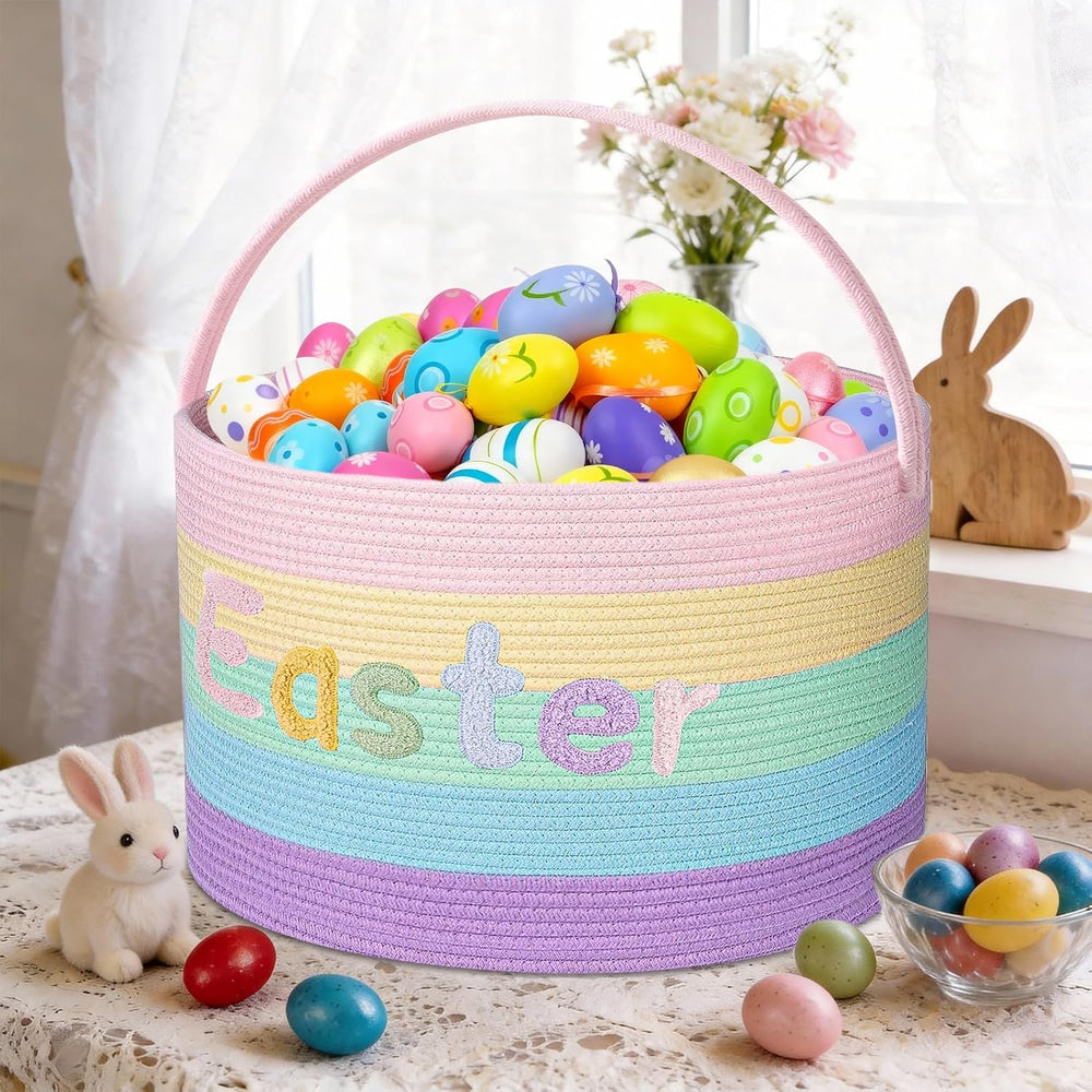 Rainbow Easter Basket, Extra Large Easter Egg Hunting Basket, Woven Cotton Ro...