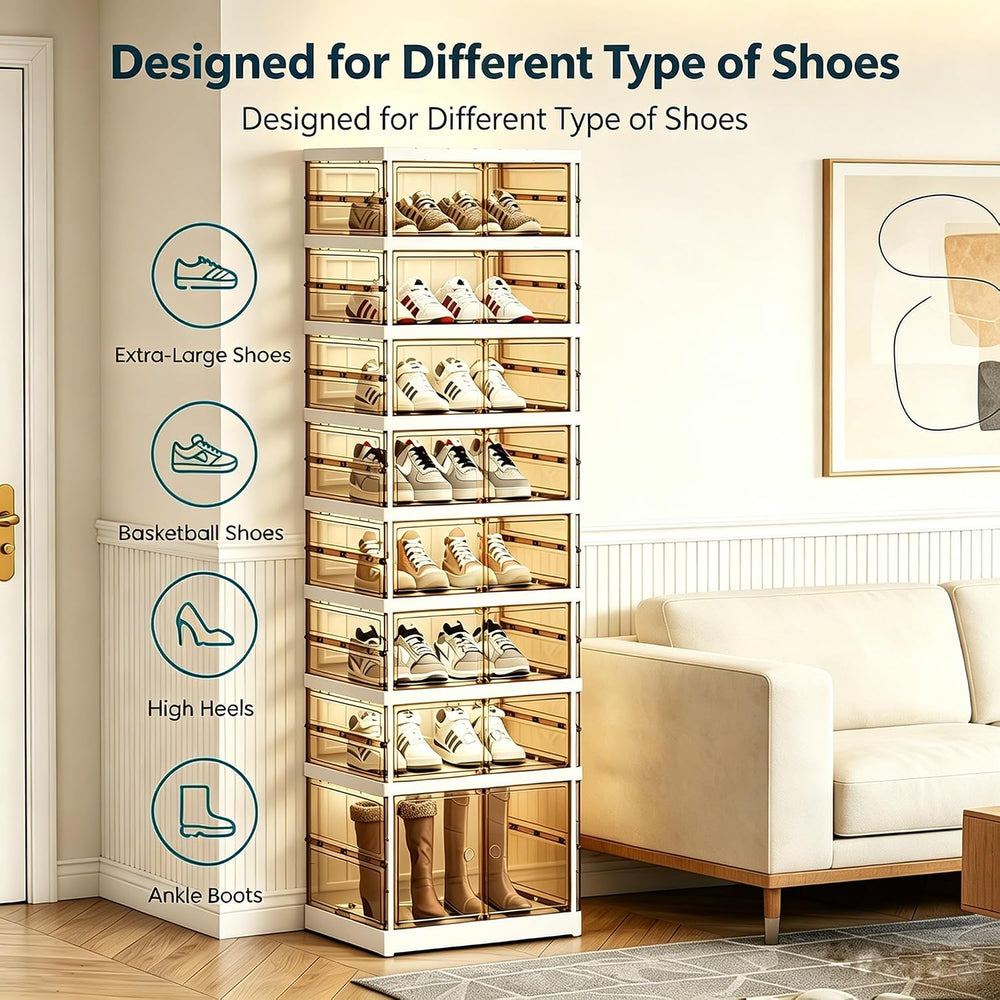 Foldable Shoe Cabinet, 9-Tier Rolling Rack with Magnetic Doors, 18 Pairs