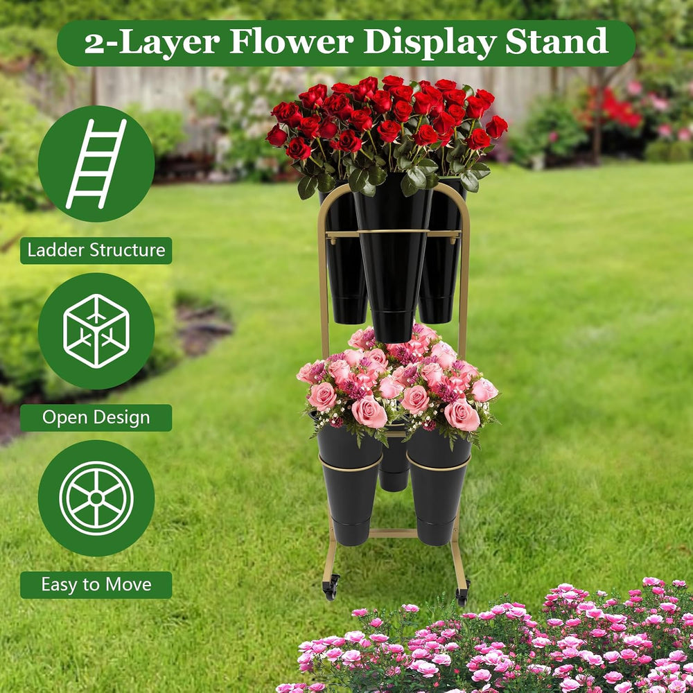 Flower Display Stand with 6 Pieces Bucket, Metal Plant Stand, Heavy Duty Movi...