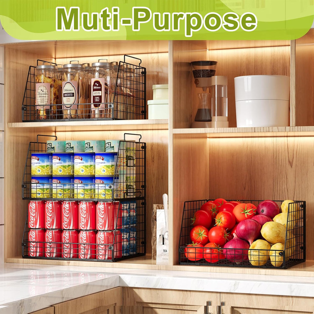 4 Pack XXL Stackable Wire Storage Basket, Extra Large Capacity Pantry Organiz...