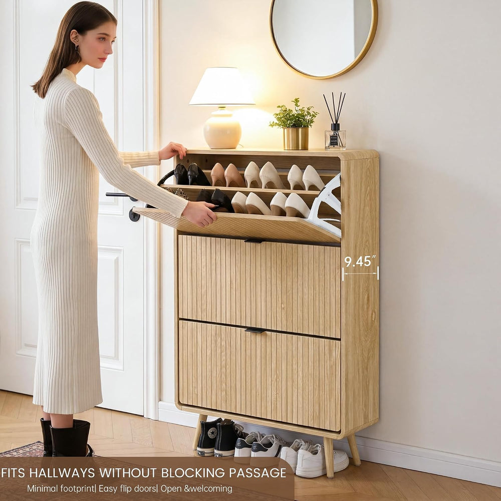 FurSch Fluted Shoe Storage Cabinet with 3 Flip Drawers, Narrow Shoe Rack Cabi...