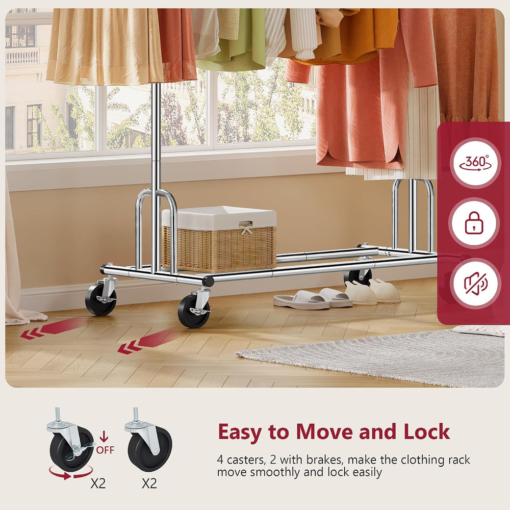 Tajsoon Clothes Rack Collapsible, Rolling Clothing Rack Heavy Duty, Chrome