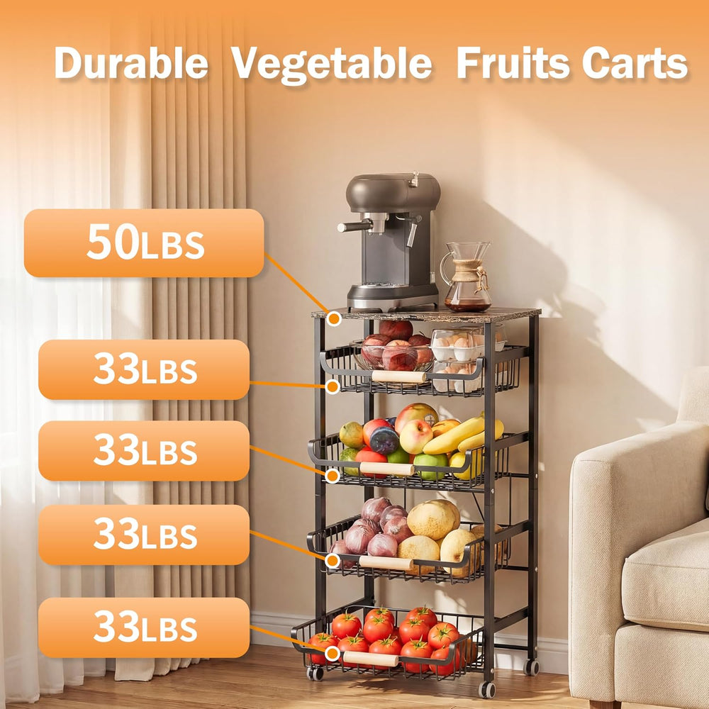 JAQ 5-Tier Fruit Vegetable Storage Cart with Wood Top, Rolling Kitchen Basket...