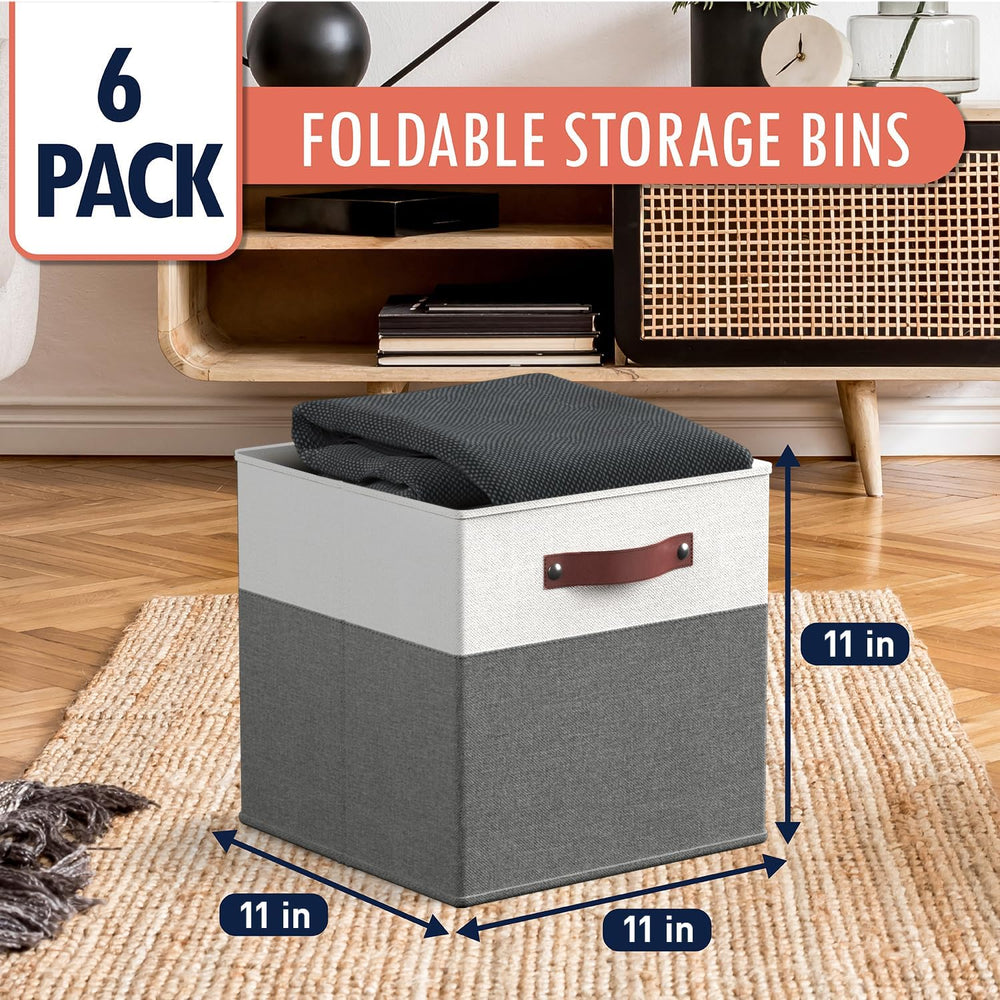 Ornavo Home 11x11 Foldable Fabric Storage Cube Bins, 6 Pack, White/Gray