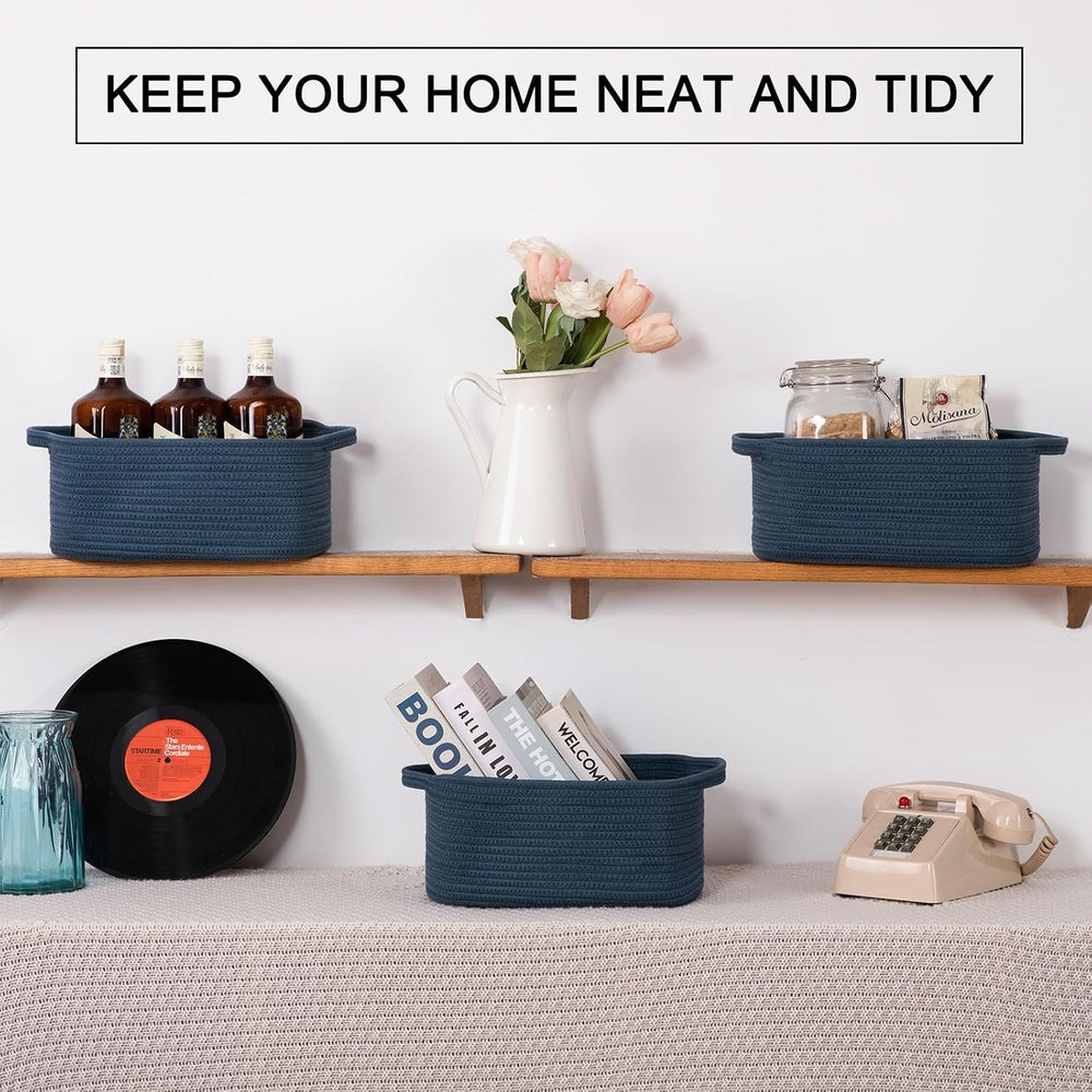 OIAHOMY 3 Pack Storage Baskets for Shelves Cotton Rope Storage Bins Blue