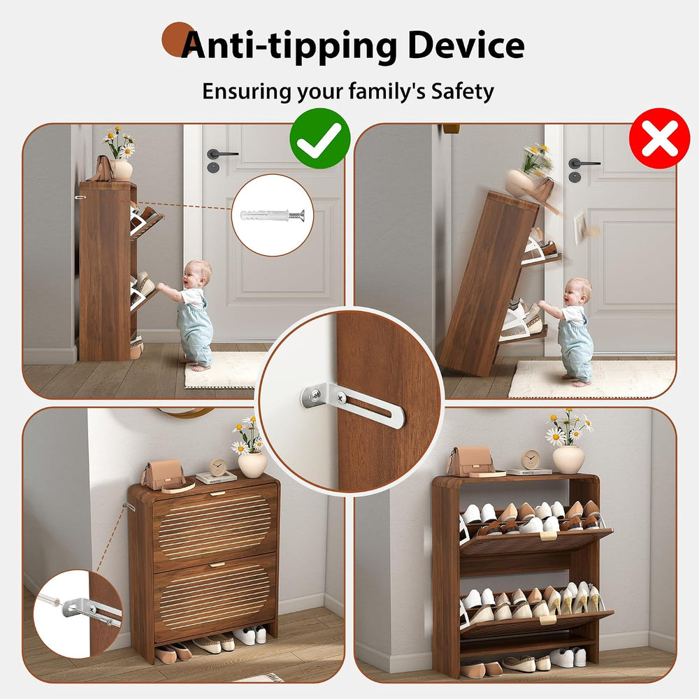 Narrow Shoe Storage Cabinet for Entryway with 2 Flip Drawers, Freestanding Wo...