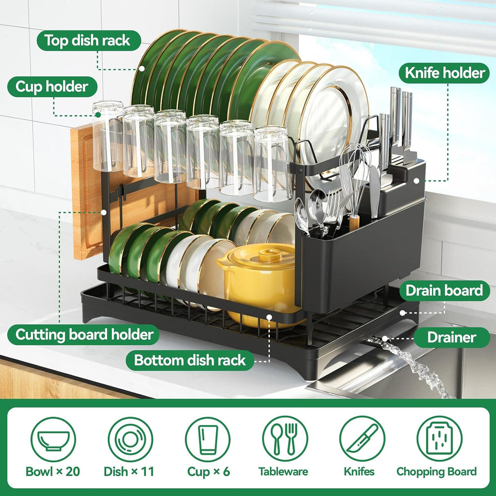 2-Tier Dish Drying Rack with Drainboard, Sink & Countertop Metal Dish Rac...