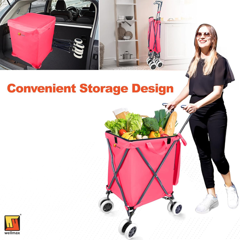 Wellmax Folding Shopping Cart with Canvas Bag & Cover, Holds 120 lb, Pink