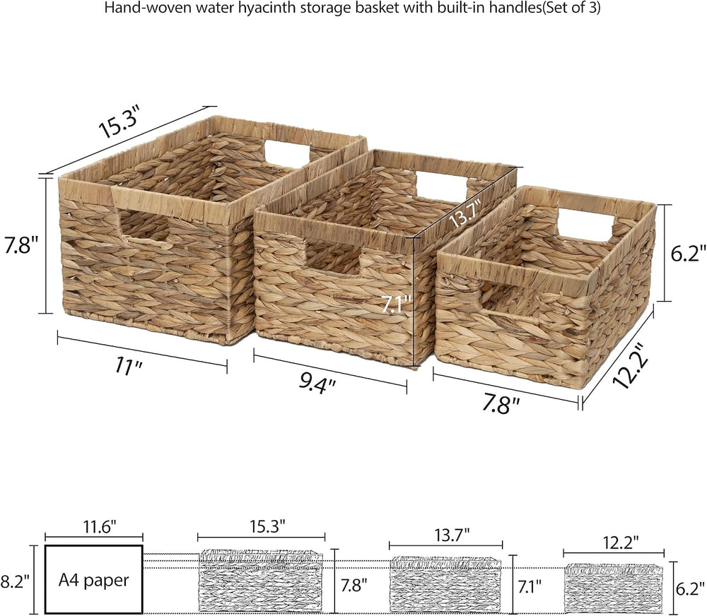 Storage Baskets,Woven Natural Water hyacinth Box with Handle,Kingwillow.(Set ...