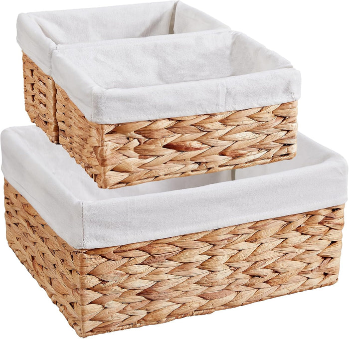 Vagusicc Wicker Basket, 3-Pack Water Hyacinth Wicker Storage Basket with Handles, Storage Baskets for Organizing, Large Hyacinth Storage Baskets for Shelves with Liner (Water Hyacinth Baskets Set)