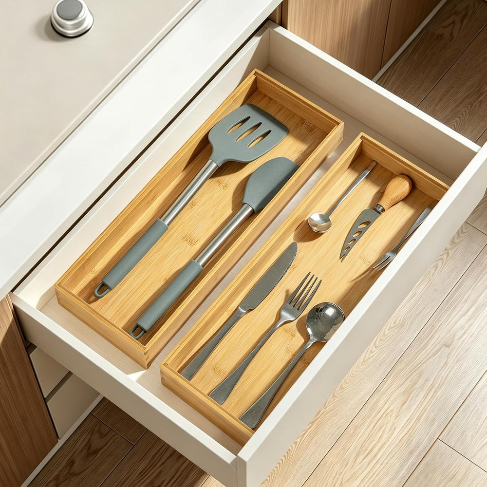 VaeFae Bamboo Drawer Organizer, Silverware Tray for Drawer, 2-Pack