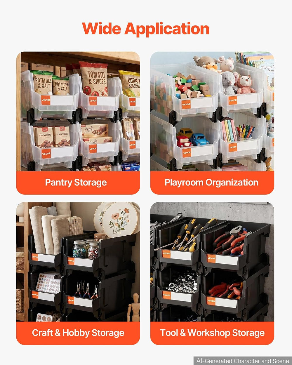 VEVOR Plastic Stackable Storage Bins, 14.8 x 8.5 x 7.1 inch (12 Pack), Plasti...