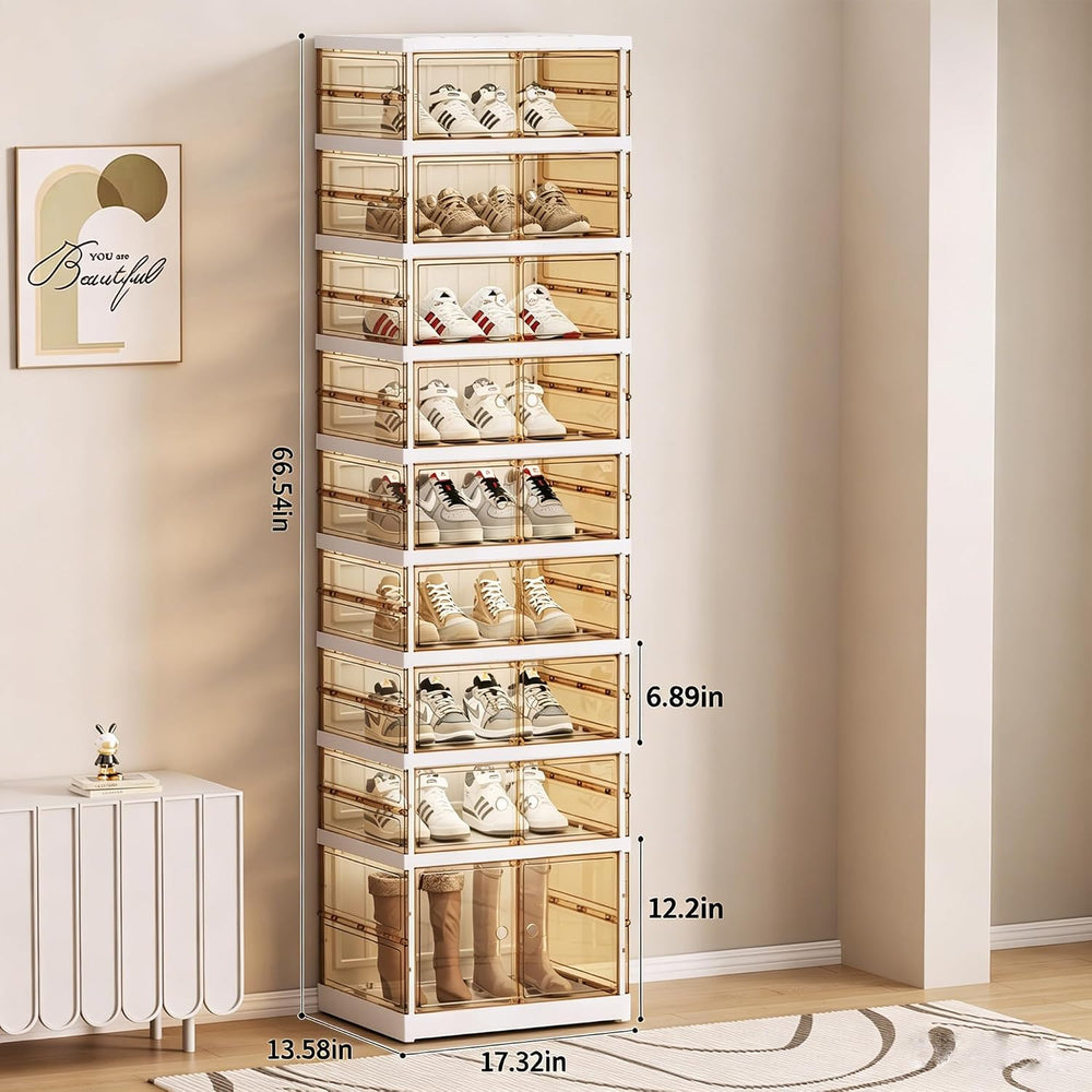 Foldable Shoe Cabinet, 9-Tier Rolling Rack with Magnetic Doors, 18 Pairs