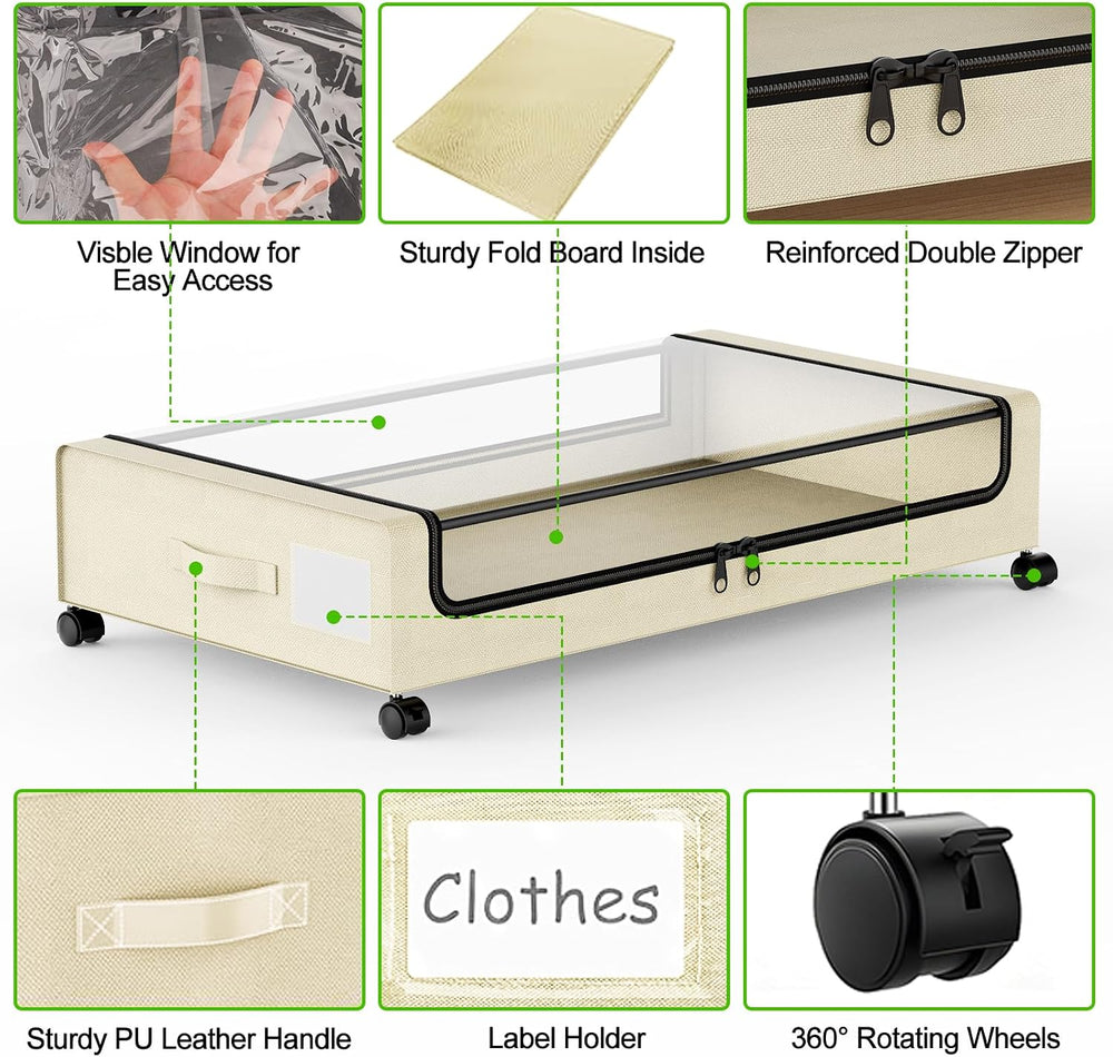 Molutsody Under Bed Storage with Wheels, 4-Pack UnderBed Storage Containers w...