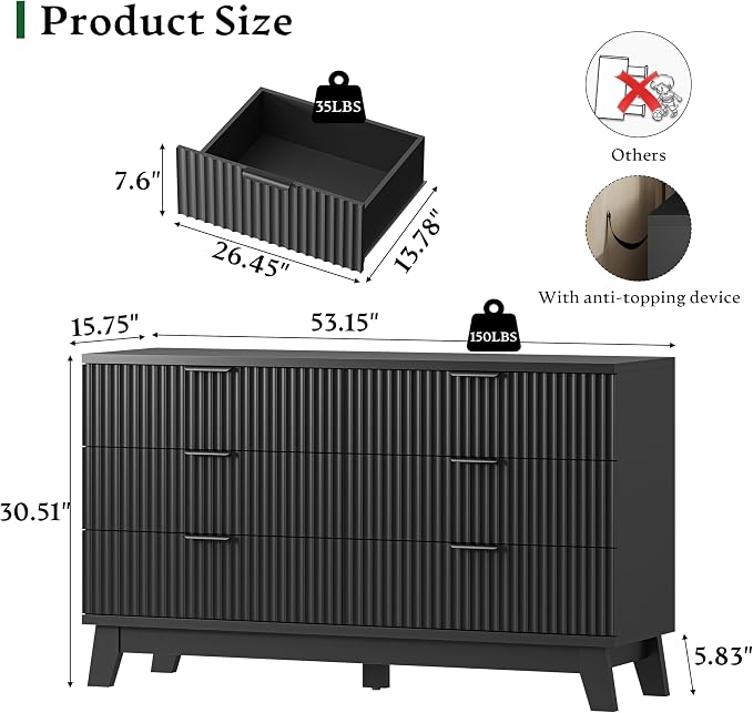 Fluted Dresser with 6 Drawers, Wooden Dresser TV Stand, Wood Closet Clothes