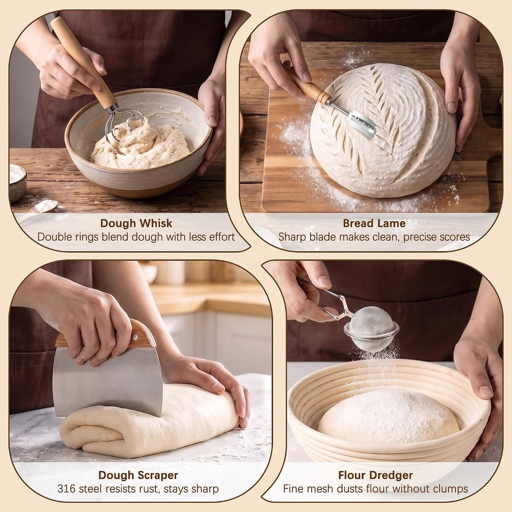 Sourdough Starter Kit with Rattan Banneton Baskets, Jars, Baking Tools