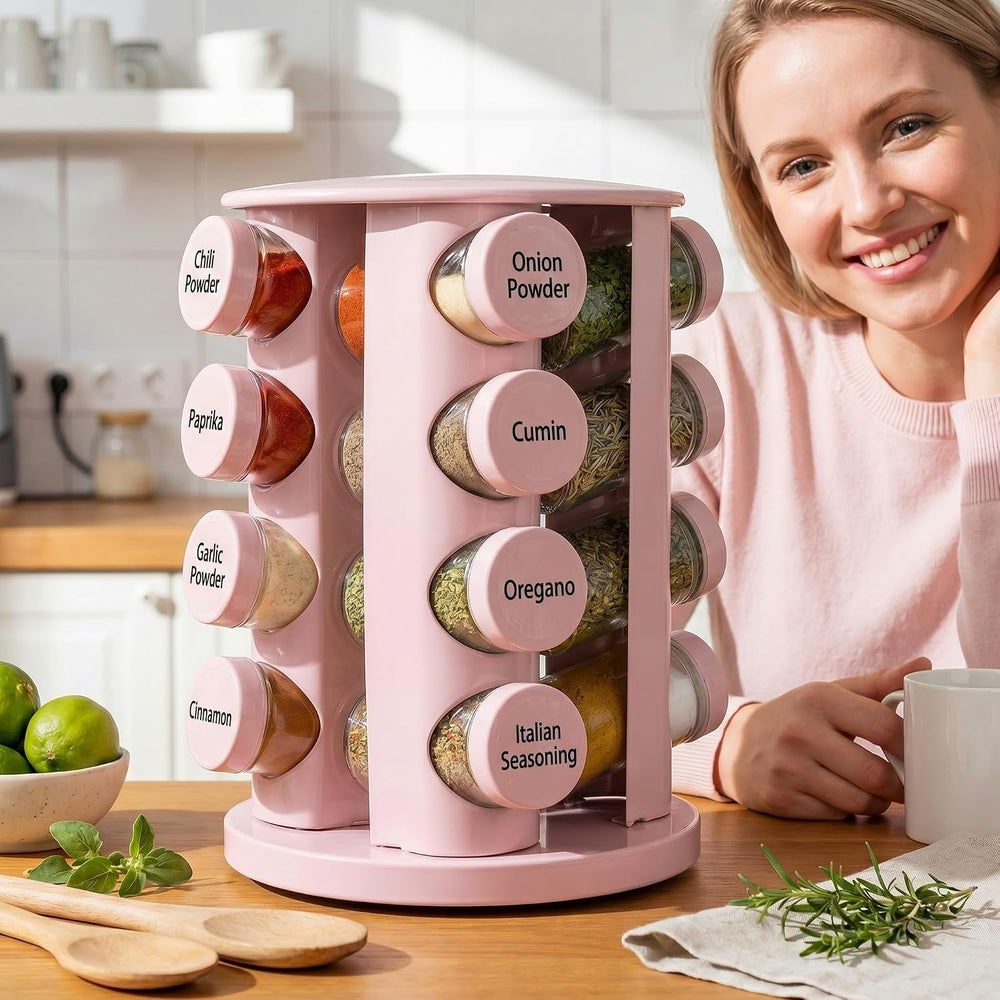 Yungyan Pink Rotating Spice Rack with 16 Empty Jars and Labels