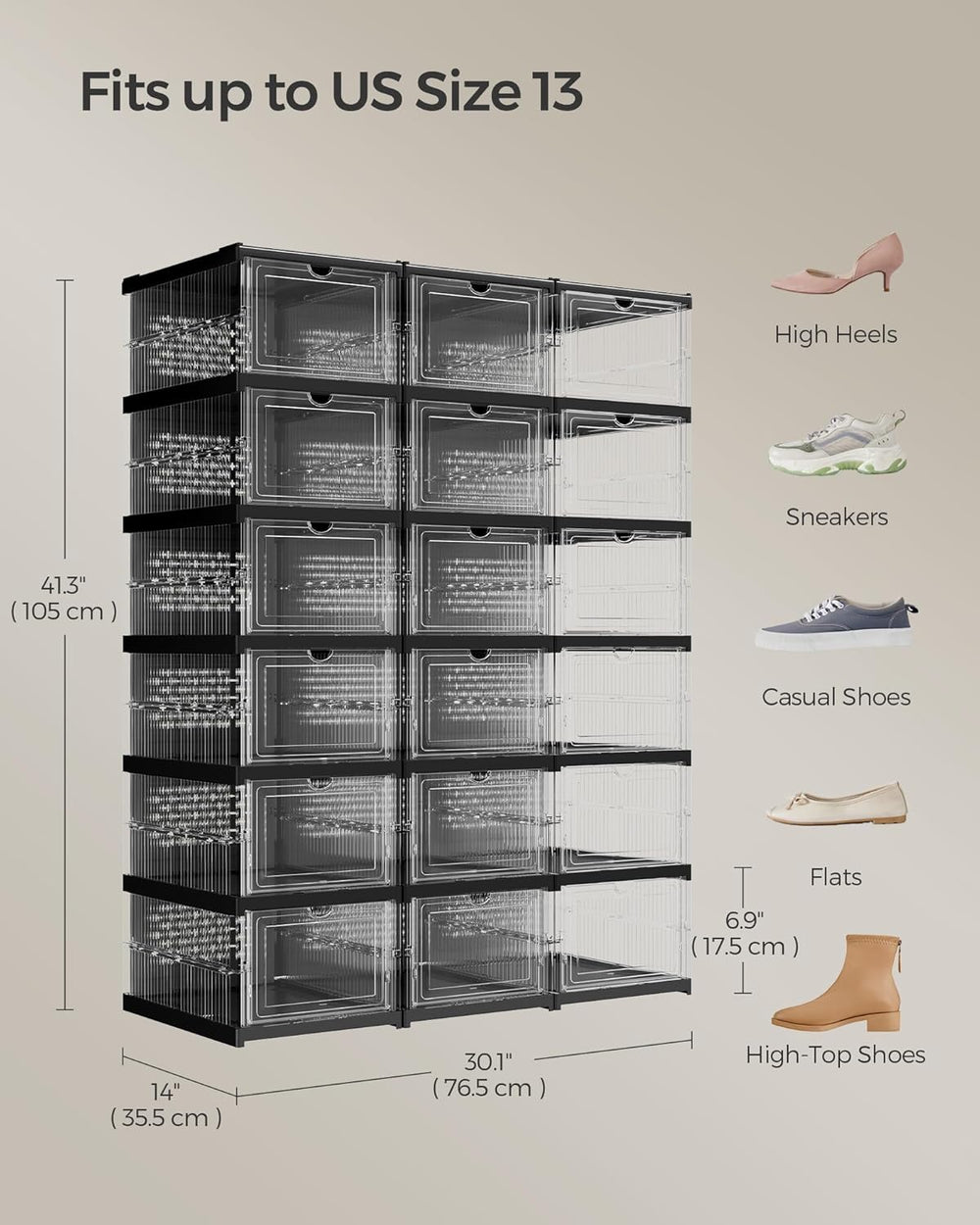 SONGMICS Foldable Shoe Boxes, 6-Tier for 18 Pack, Fit up to US size 13