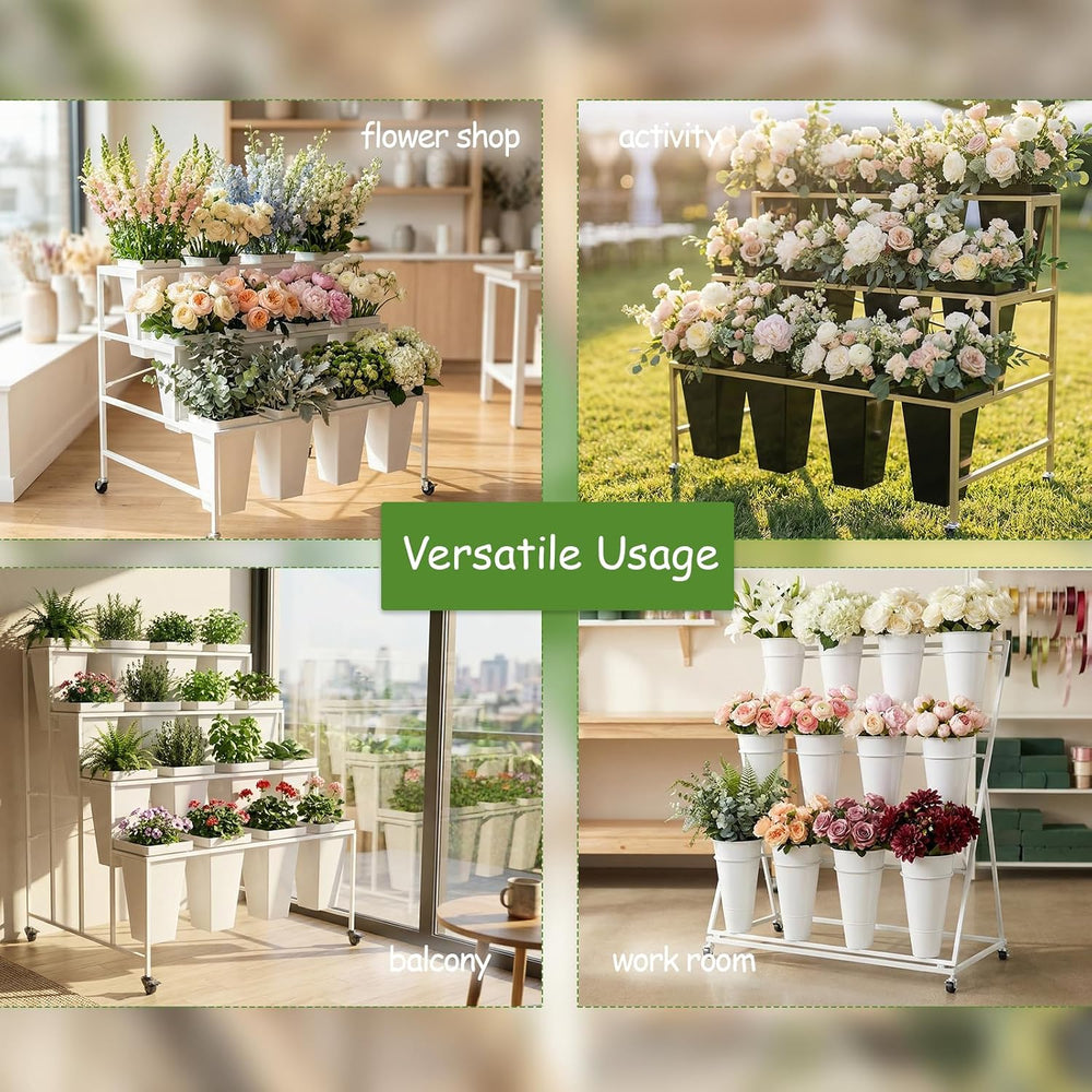 3 Tier Plant Stand with 12 Buckets, White Metal Flower Cart for Patio Garden ...