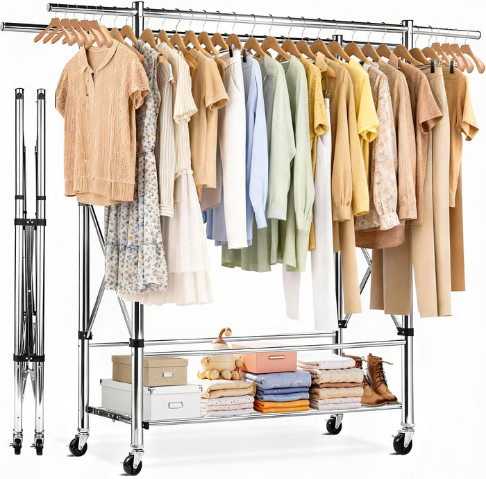 Heavy Duty Clothes Rack with Shelves, 77 Inch Extra Long Adjustable Double Rod Rolling Clothing Racks for Hanging Clothes, Foldable Garment Rack with Lockable Wheels for Bedroom Laundry Living Room