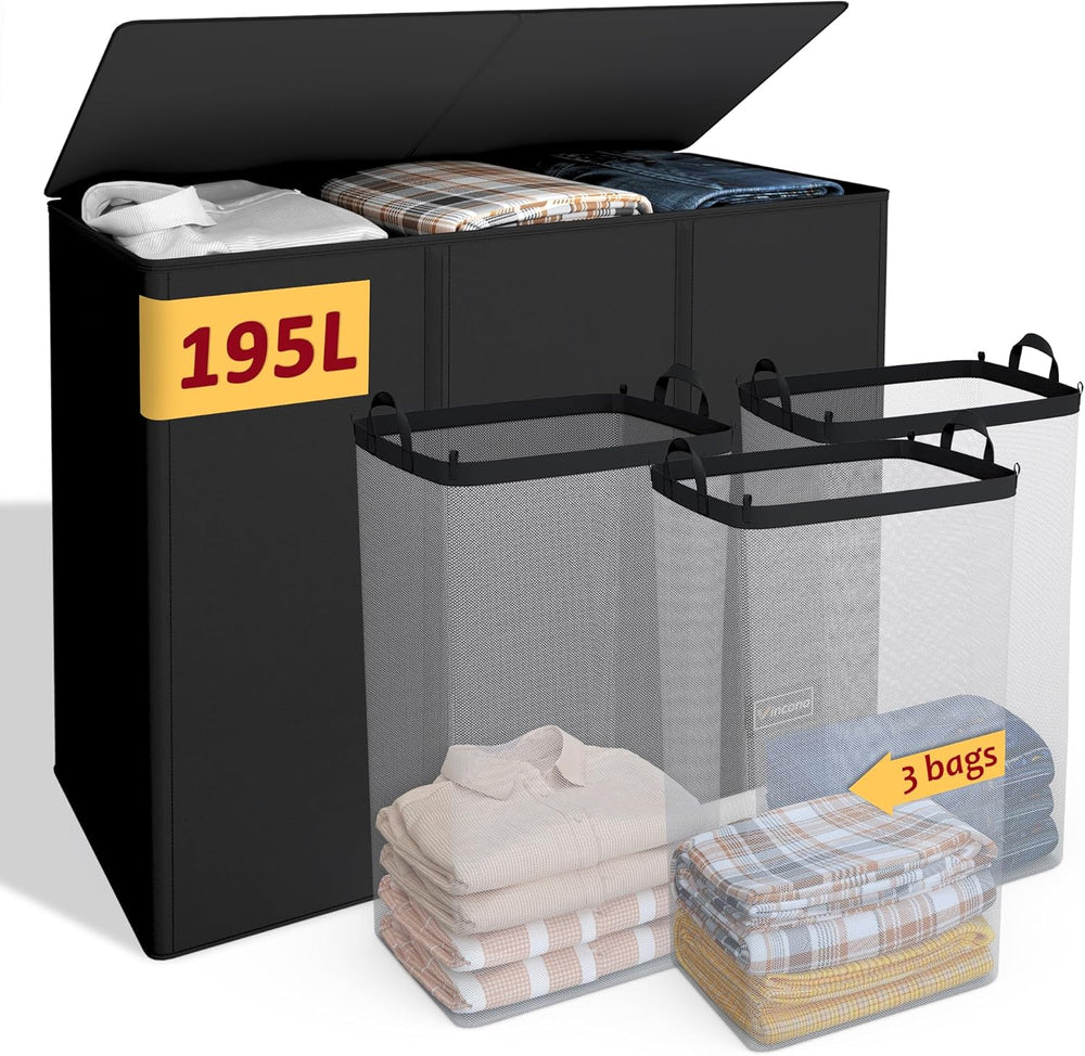 195L Laundry Hamper 3 Section,Large Laundry Hamper with Lid,Dirty Clothes Ham...