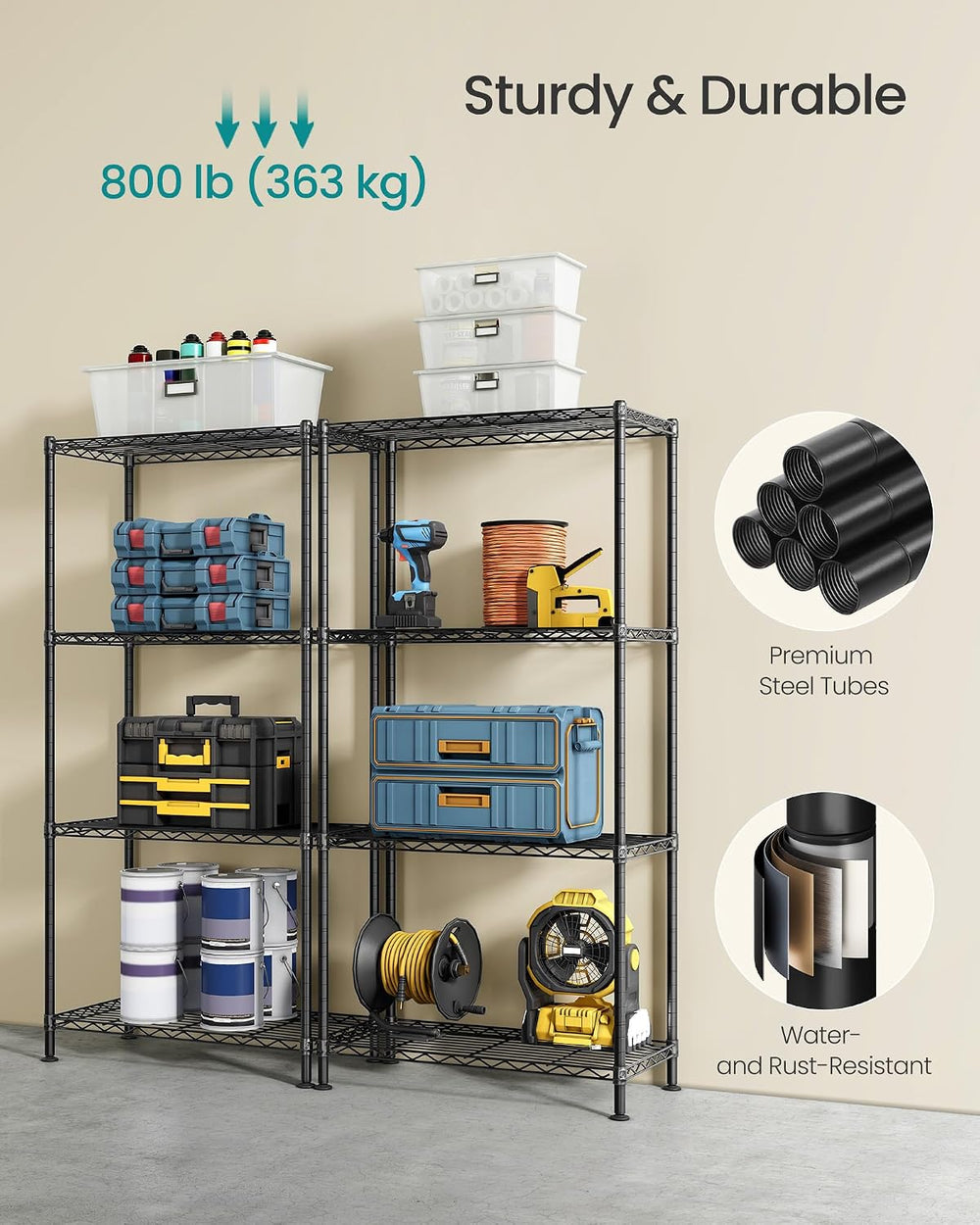 SONGMICS 4-Tier Storage Shelves, Adjustable Wire Shelving Unit, 8 Hooks